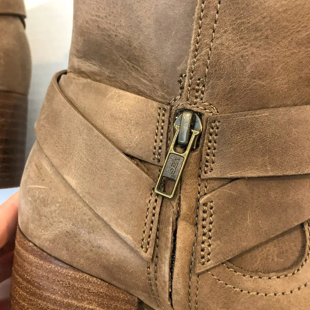 UGG Elora Tan Leather Buckle Almond Toe Bohemian Block Heel Ankle Booties 7 - Picture 5 of 12